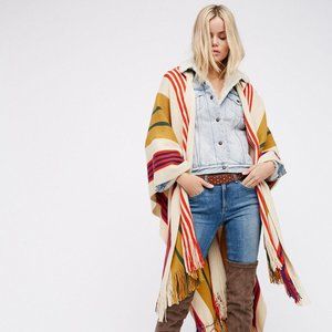 Free People X Back Bay Striped Hooded Kimono Poncho Hoodie Fringe